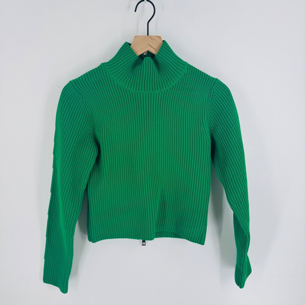 Tibi Green Ribbed Knit Full Zip Mock Neck Sweater Size XS St. Patrick's Day Bold